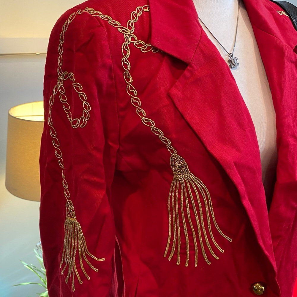 Vintage 80s Red Blazer with Gold Tassel Embroidery, Power Dressing, Women's LG - Picture 2 of 7